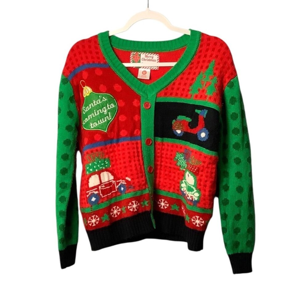 Vtg Merry Christmas Sweater Women Medium Red Green Holiday Design Santa's Coming